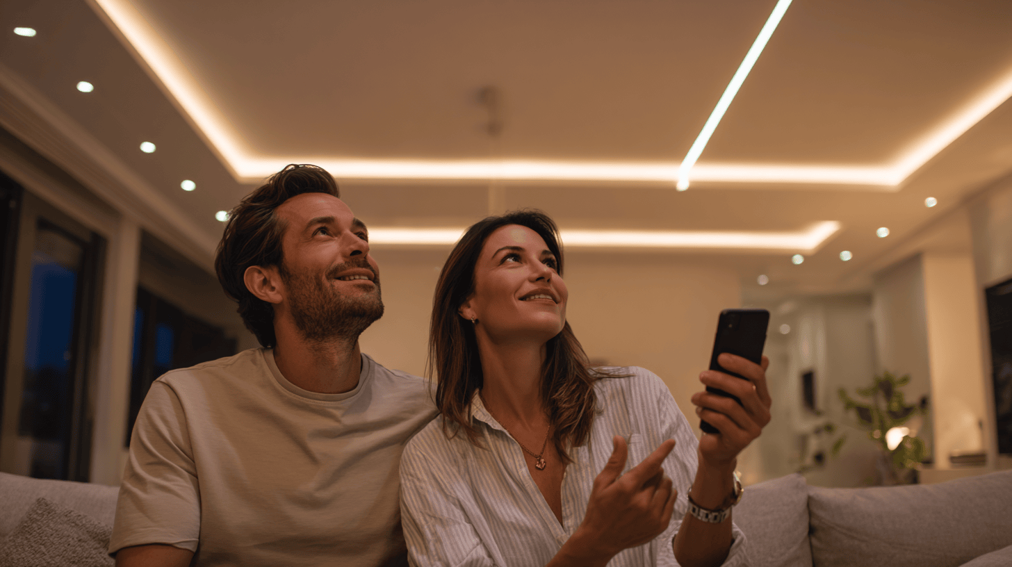 A happy young couple admiring their smart lighting as the automatic lights create a perfect atmosphere for home comfort