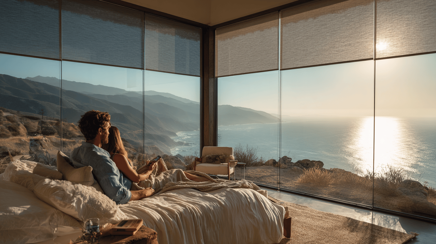 A sunlit, modern living room where motorized automatic window shades are smoothly lowering, demonstrating the convenience and elegance of smart shades