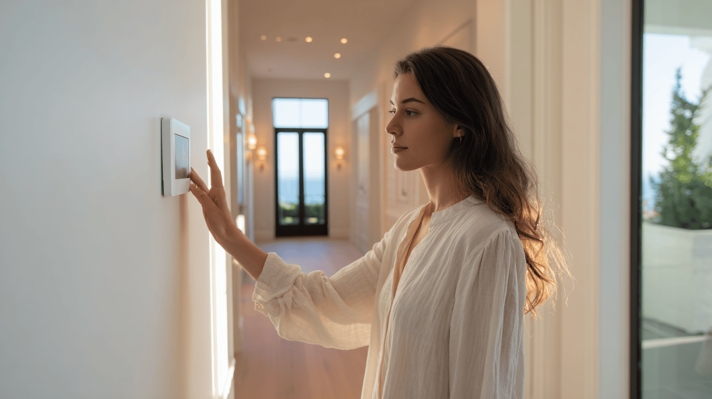 A woman standing in a bright, modern hallway looks at a wall-mounted control panel for home security systems, part of advanced smart alarm solutions