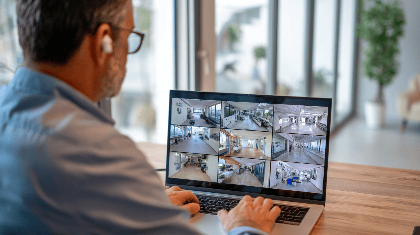 A modern surveillance system with multiple security cameras monitoring a property