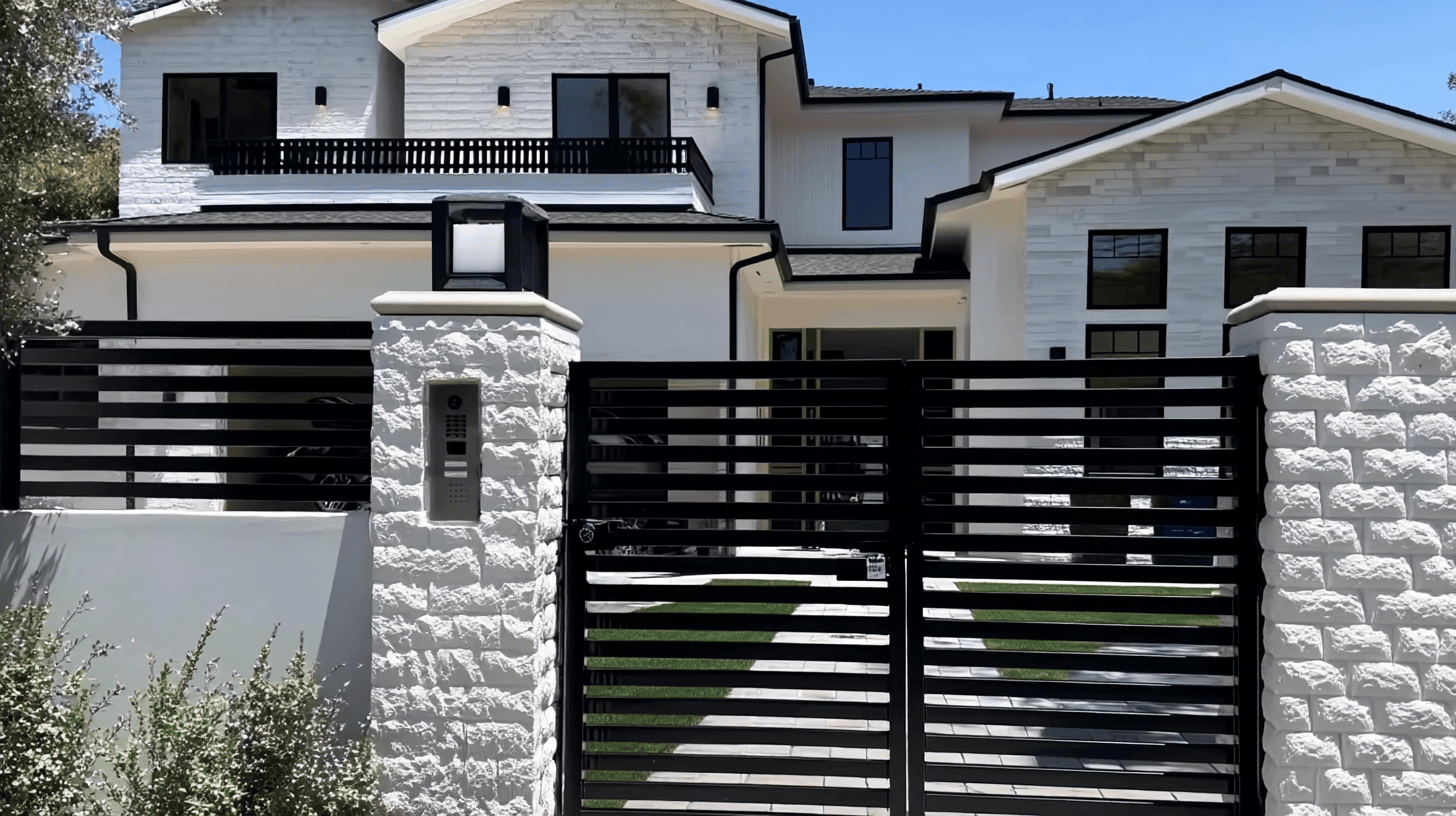 A video intercom, demonstrating a professional smart home intercom installation at the door of a modern residence