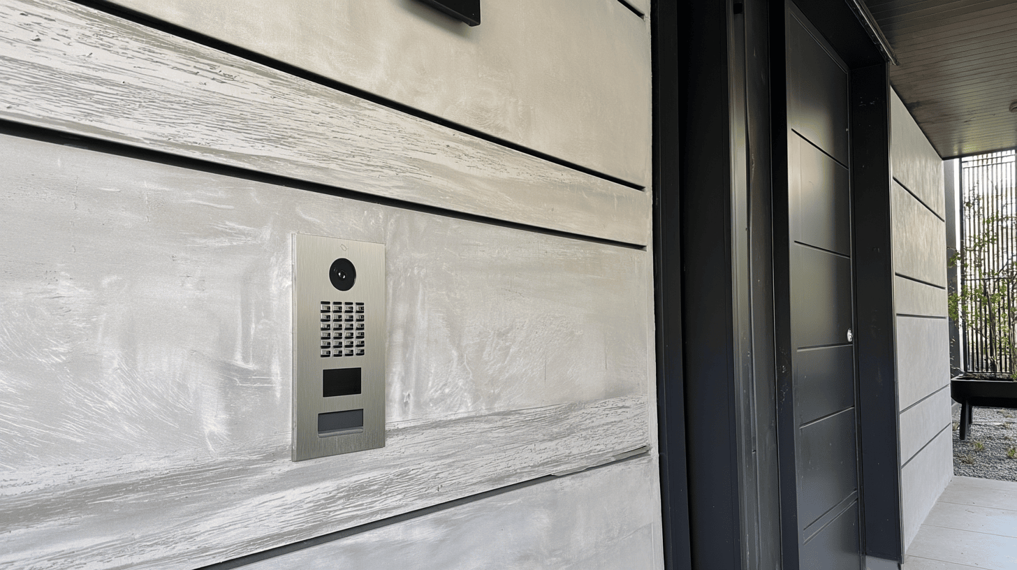 A modern front door equipped with a secure smart lock and a video doorbell for enhanced home security