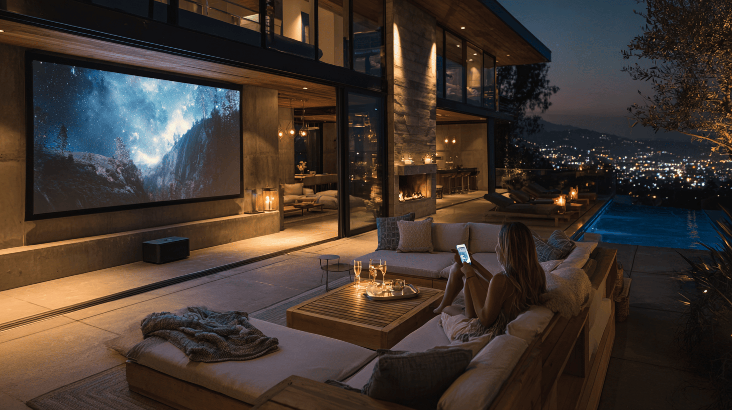 A large outdoor patio screen set up in a backyard for a movie night, an example of a complete outdoor movie solution